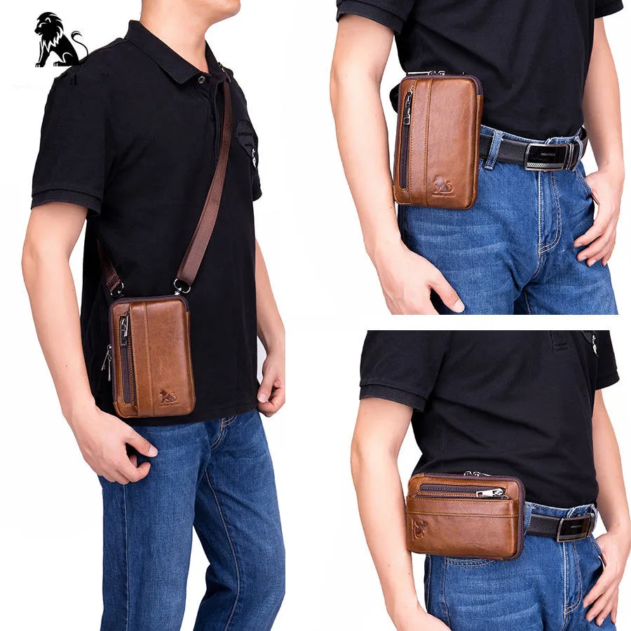 Riñonera de cuero genuino para hombre, Bolso pequeño de hombro, bandolera para teléfono, tarjetero, funda para cigarrillos y llaves