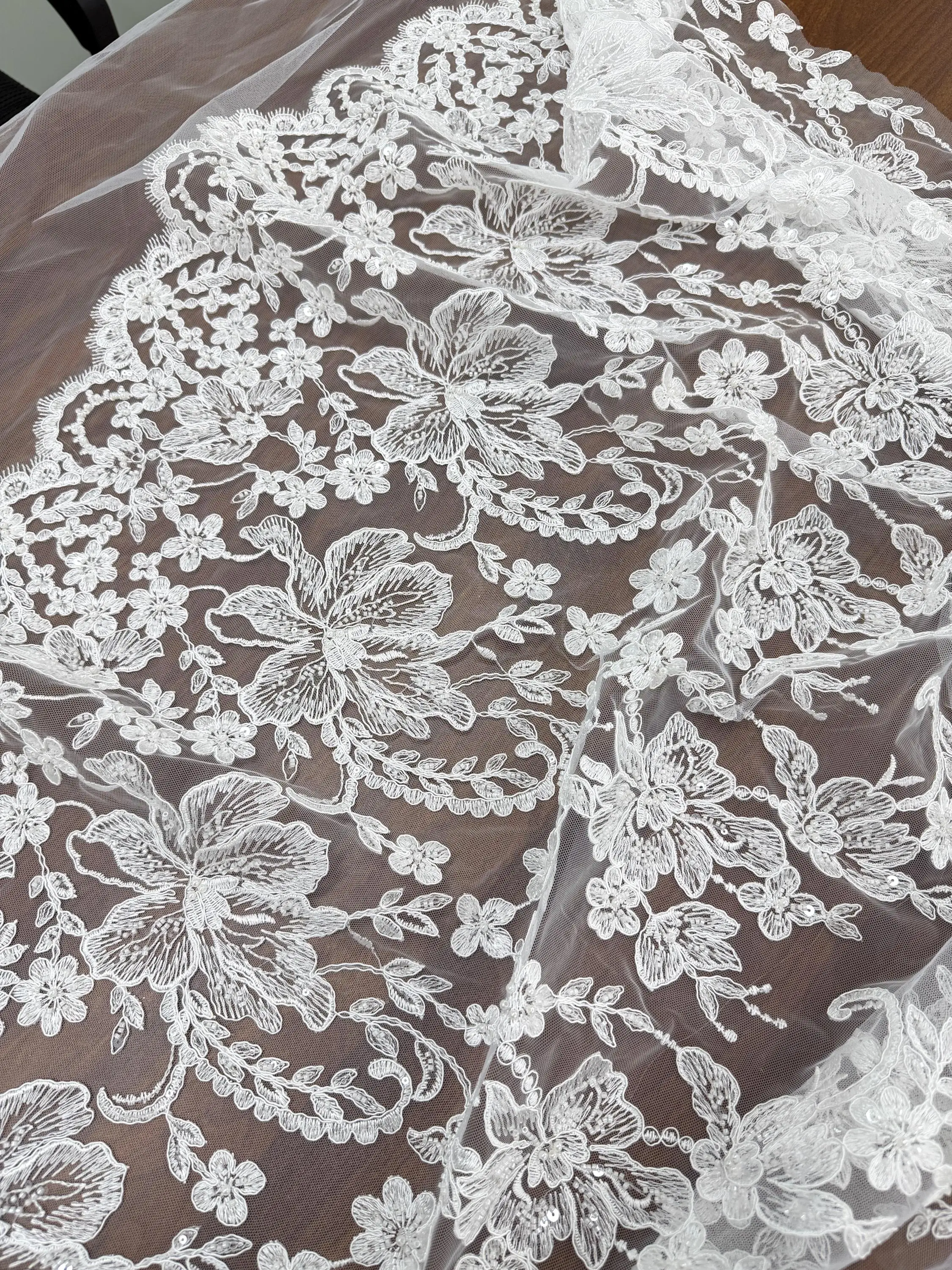 1 Yard 3D Beaded Haute Couture Fabric with Pearl and Clear Sequin  , Off White Bridal Gown Wedding Dress Fabric view 6