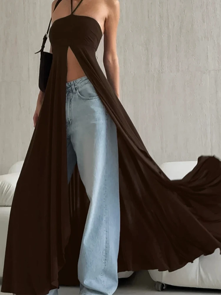 Vrouwen elegante halter strapless lange jurk sexy split effen kleur straat feestjurk mode hoge taille mouwloze maxi-jurken