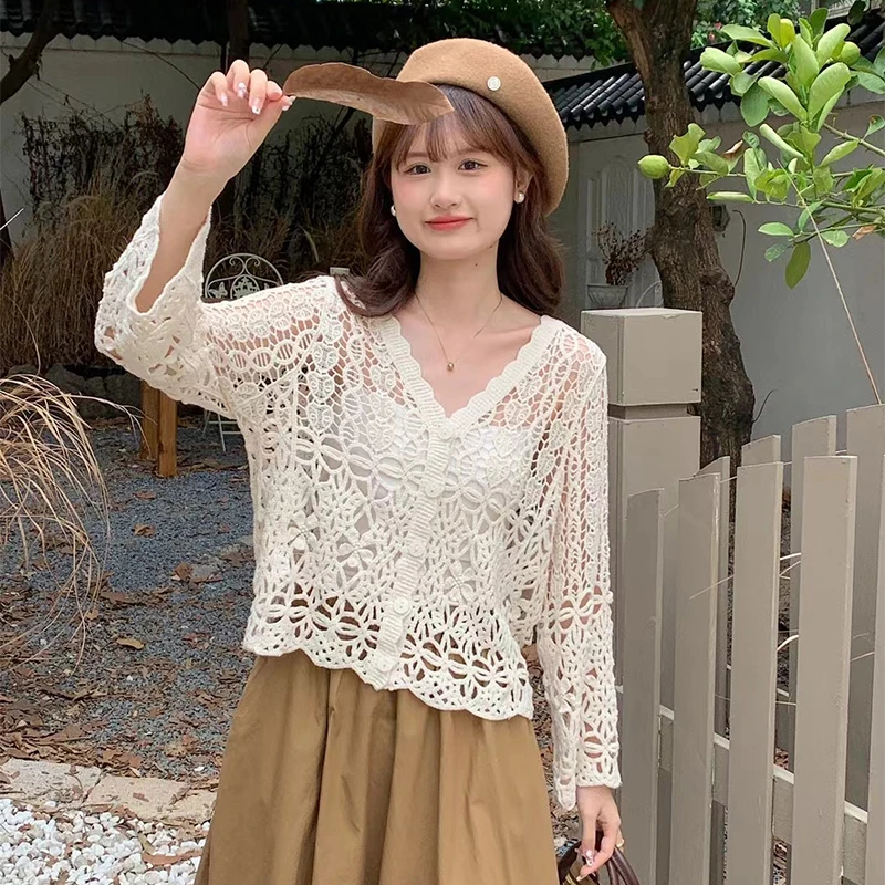 Women Spring Summer 2024 Lace Crochet Shirt Cardigans Long Sleeve Top Cropped Cardigan Knitted Cardigan Crop Top