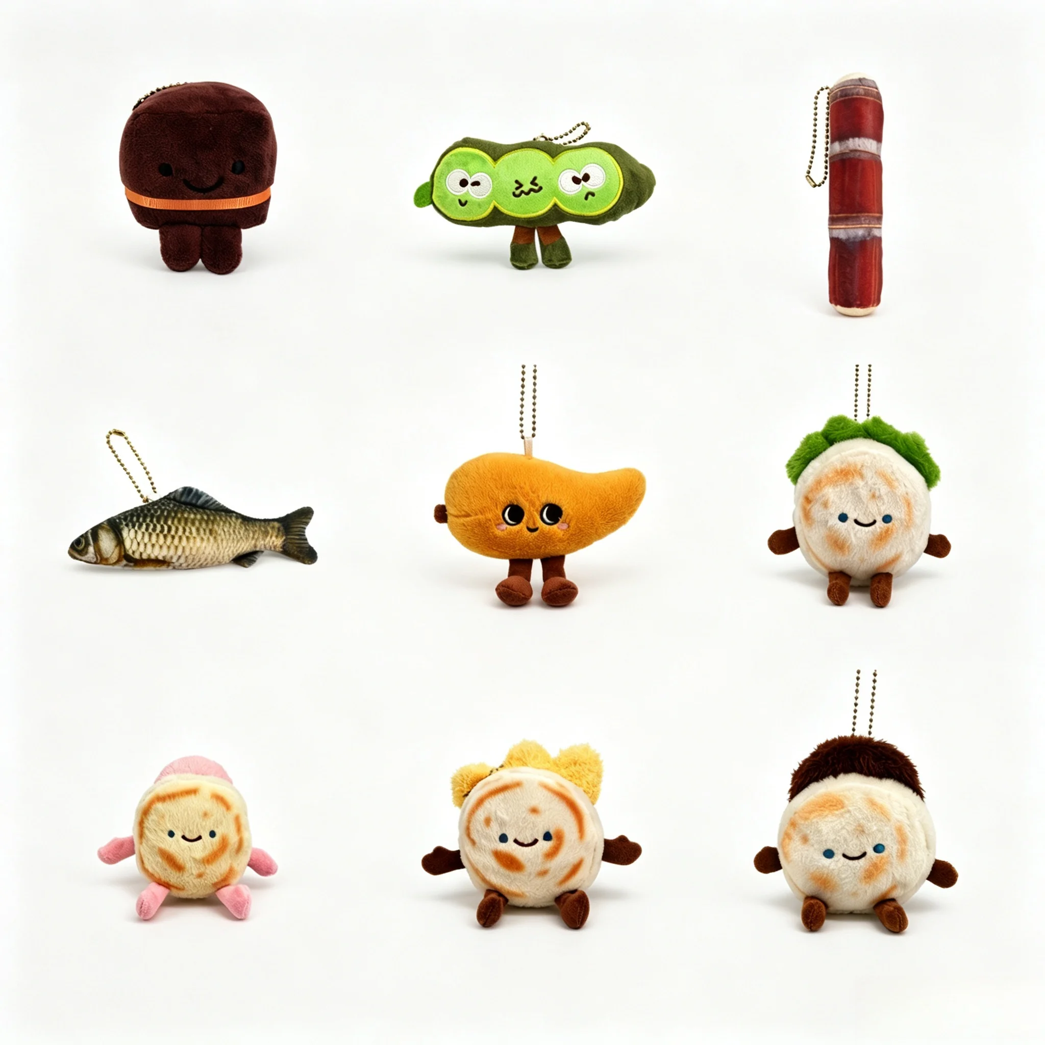 Llavero de peluche de dibujos animados con temática de aperitivos orientales, muñeco de pez, salchicha y tortita, colgantes para bolso, decoración linda para niños, regalos