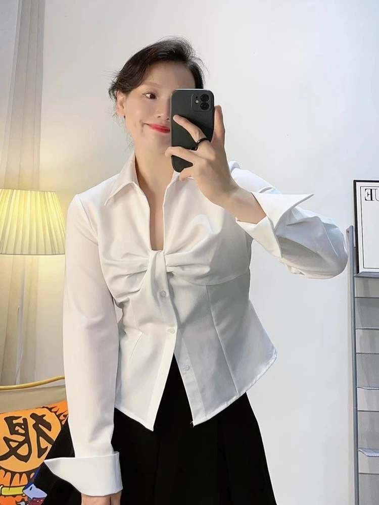 

Женская блузка Slim Fit с V-образным вырезом и длинным рукавом, белая, в корейском стиле, модная, повседневная, деловая, осенняя коллекция