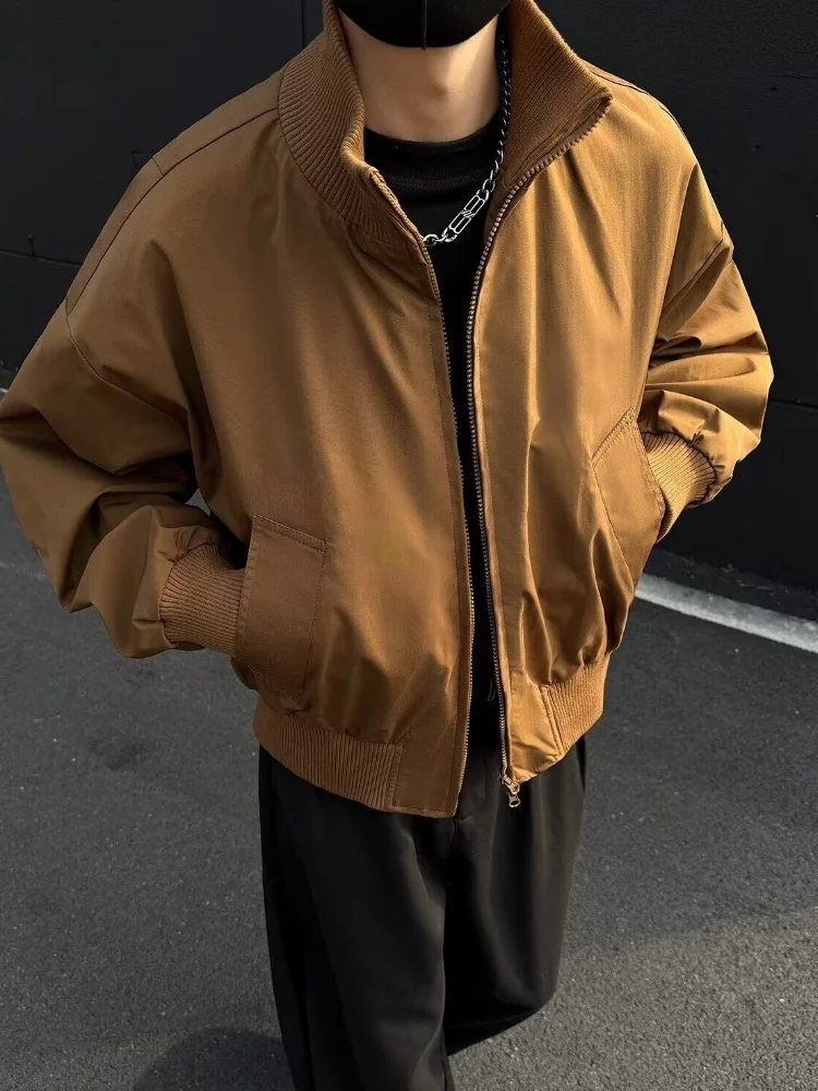 Navy Blue Bomber Jacket For Men 2025 Autumn Winter American Stand Collar Clean Fit Short Padded Shoulder Man Coat