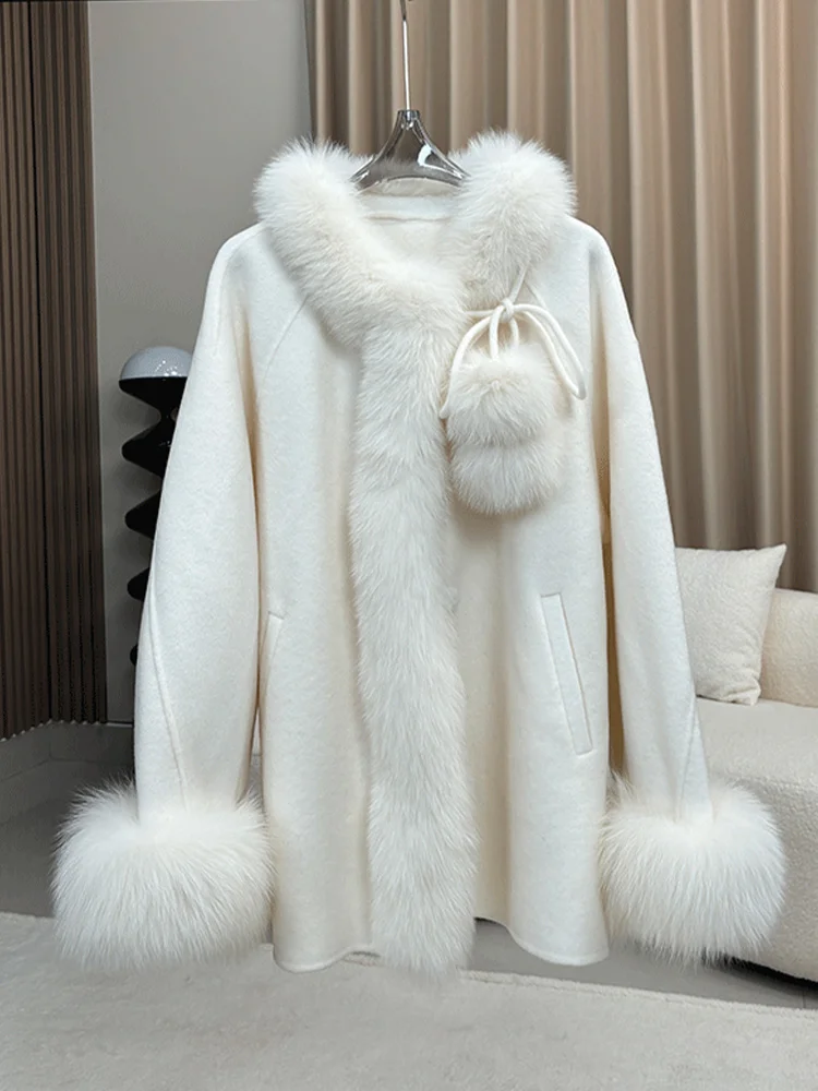 2025 novo outono inverno feminino real gola de pele de raposa manguito casaco de lã capa cashmere jaqueta quente luxo grosso casacos femininos