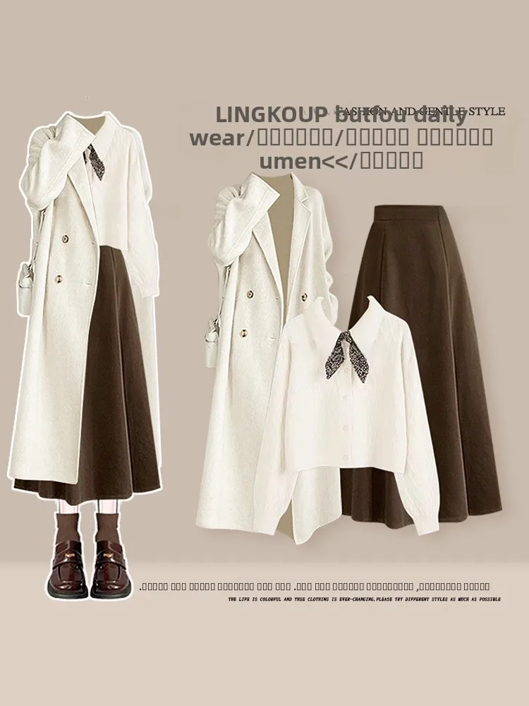 

Элегантный зимний комплект из трех предметов: женское повседневное длинное пальто, свитер и ретро-юбка. Модный ансамбль для женщин больших размеров, придающий молодость.