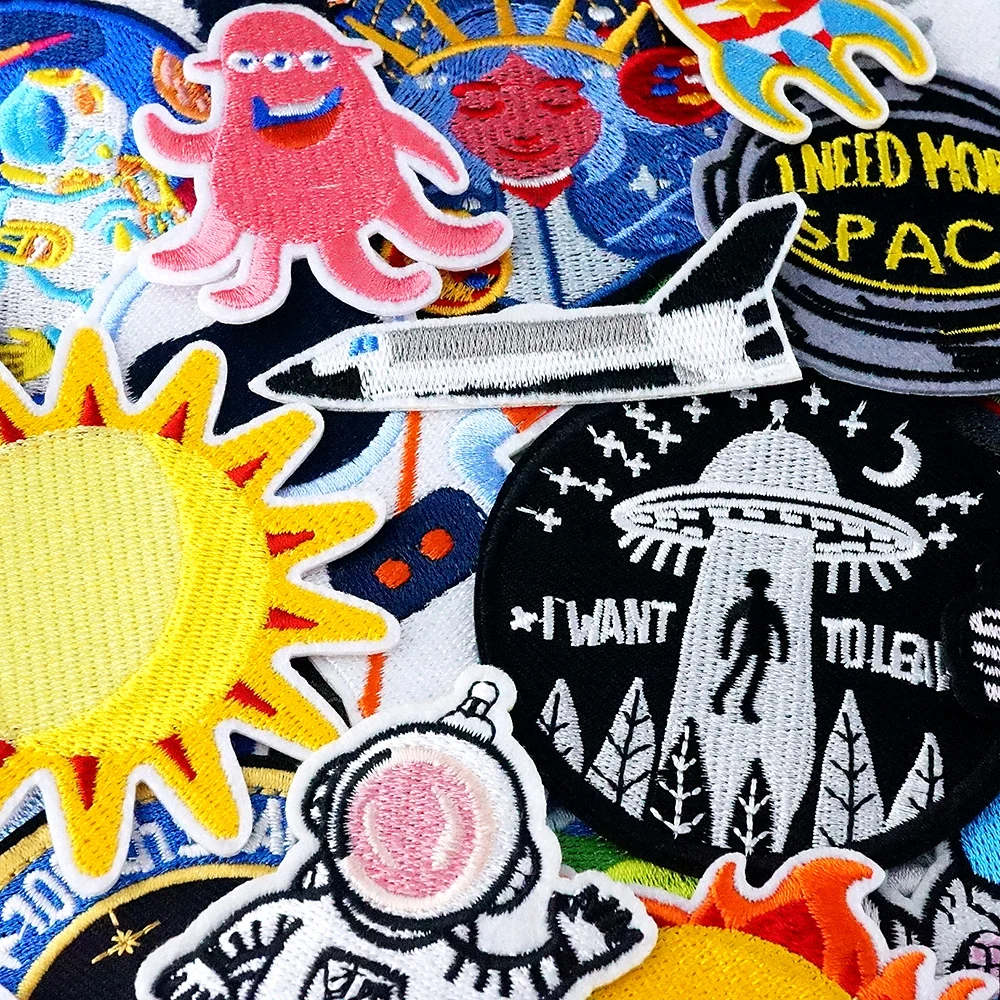 Rocket Alien UFO Space Planet Iron on Transfers for Clothes Clothing Embroidery Stickers Decoration Repair Parches Ironing Patch