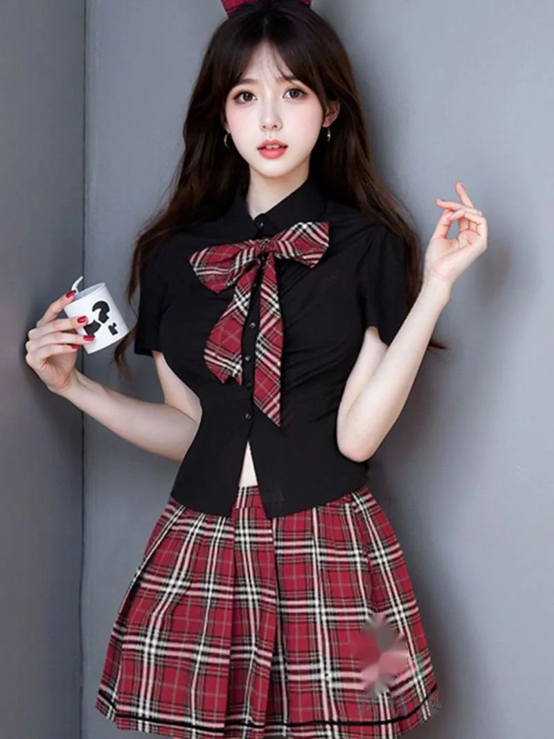 

New Sexy Pure Desire Style Tight Temptation Student JK Skirt Sets Short Sleevess Suit Collar Bowknot Tie Charming Nightclub 22TA
