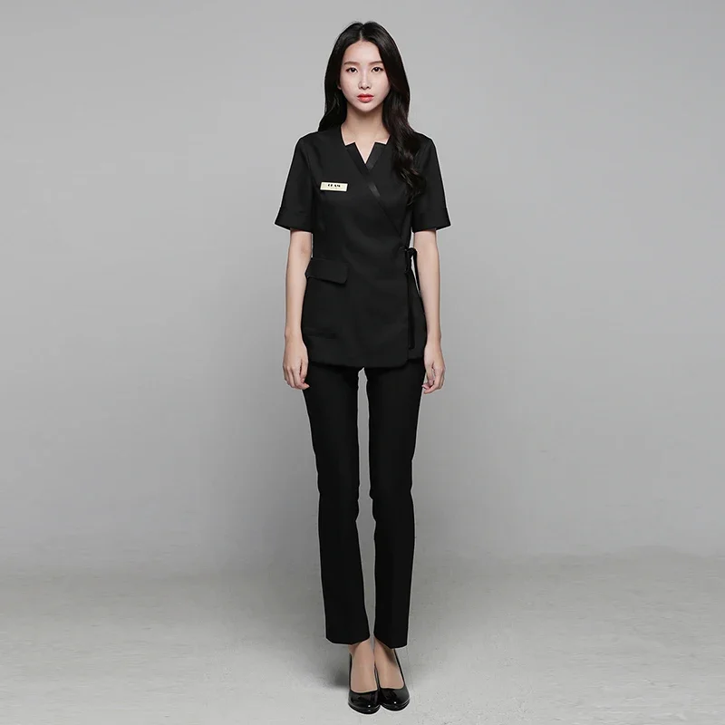 Spa Beauty Salon Short Sleeve Uniform Elastic Breathable Solid Health Club Women Work Clothing Fashion Slim Fit Suit