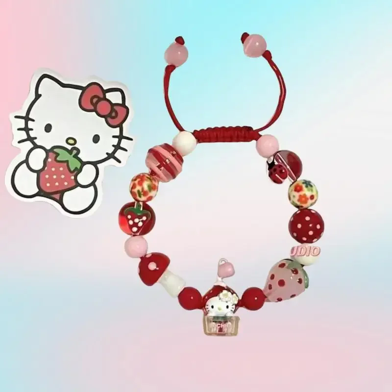 Miniso Hellokitty Bangles Cute Red Colour Strawberry Minority Bead Weaving Rope for Girls Women Birthday Day Kawaii New Gifts