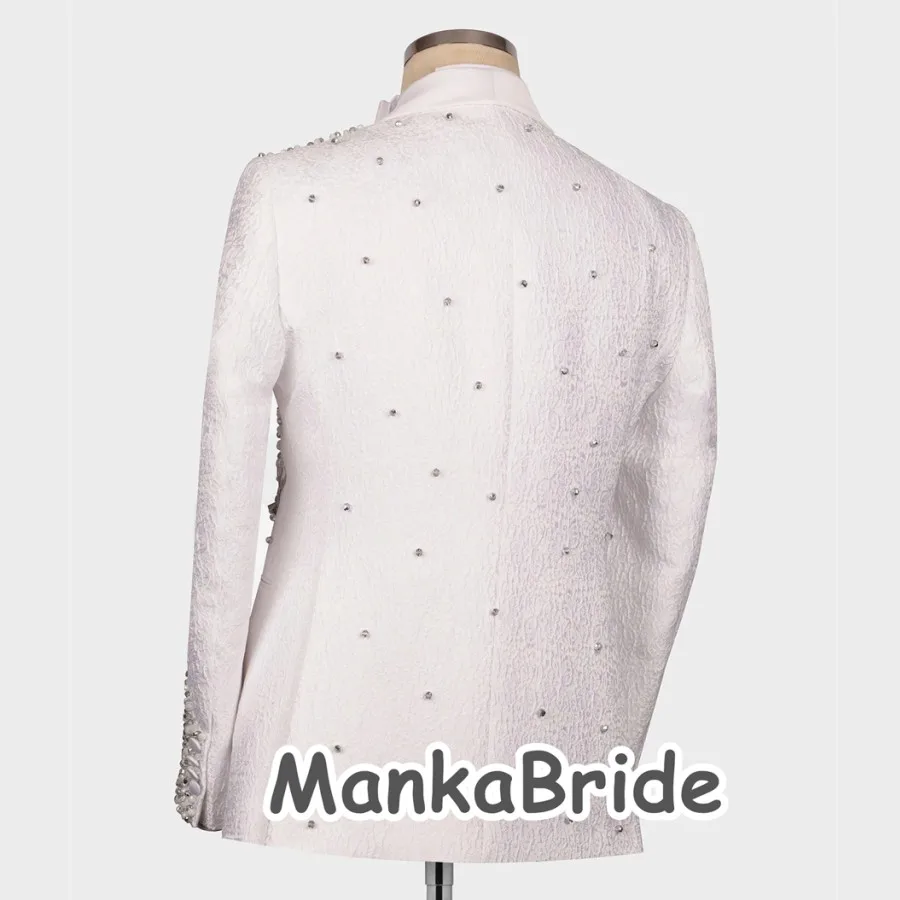 Tuksedo pernikahan mewah gading Formal pengantin pria setelan 3 buah Blazer celana rompi applique kristal disesuaikan dibuat setelan pesta Formal