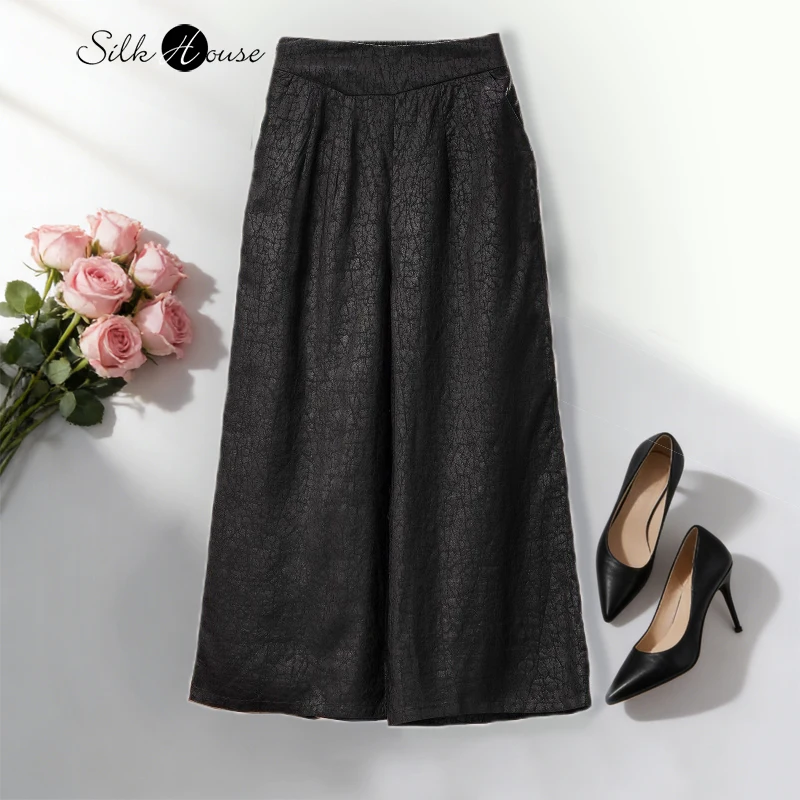 أزياء المرأة 100% حرير التوت الطبيعي Gambiered قوانغدونغ الشاش شقة الخصر الجانب سستة مريحة أسود بنطال ذو قصة أرجل واسعة