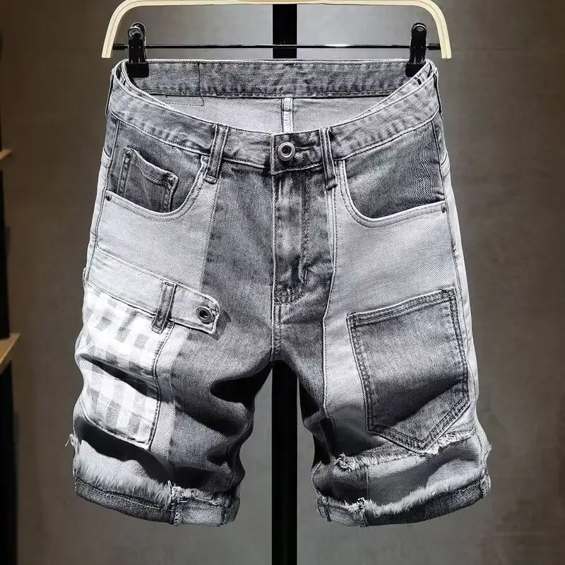 Summer 2025 Retro Luxury Man Washed Splicing Denim Shorts Men's Loose Straight Ins Patchwork Cowboy Trendy Casual Short Pants
