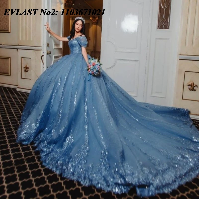 

EVLAST индивидуальное блестящее синее платье Quinceanera с открытыми плечами и блестками, кружевная аппликация, расшитое бисером, Sweet 16, Vestidos De 15 Anos E2QA91