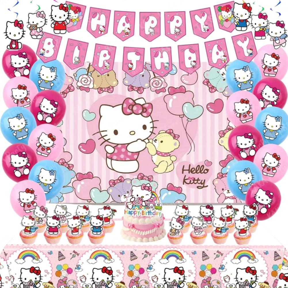 66Pcs Hello Kitty Birthday Decoration Set Latex Balloon Hanging Swirls Banner Backdrop Tablecloth for Girls Party Event Supplies