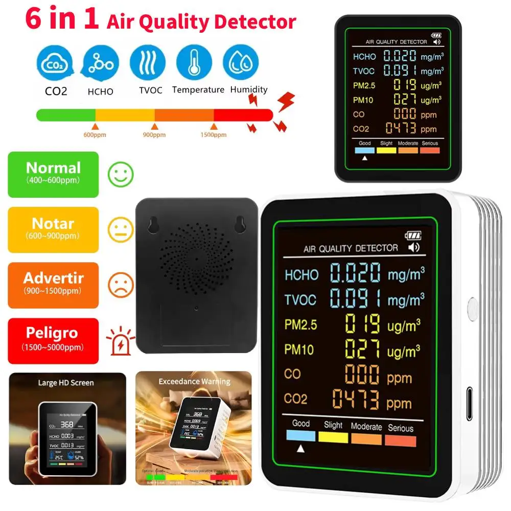 

Многофункциональный детектор качества воздуха 6 в 1, тестер, измеритель температуры и влажности TVOC PM2,5 PM10 CO2, бытовой тест управления через приложение