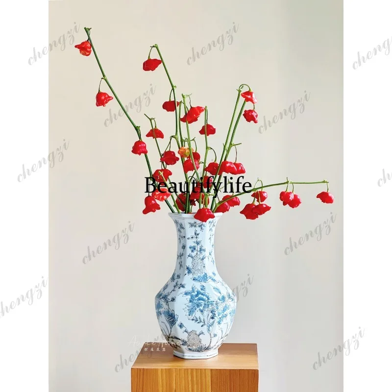 Large diameter ceramic vase, new Chinese style living room entrance, advanced ornament, retro blue and white porcelain