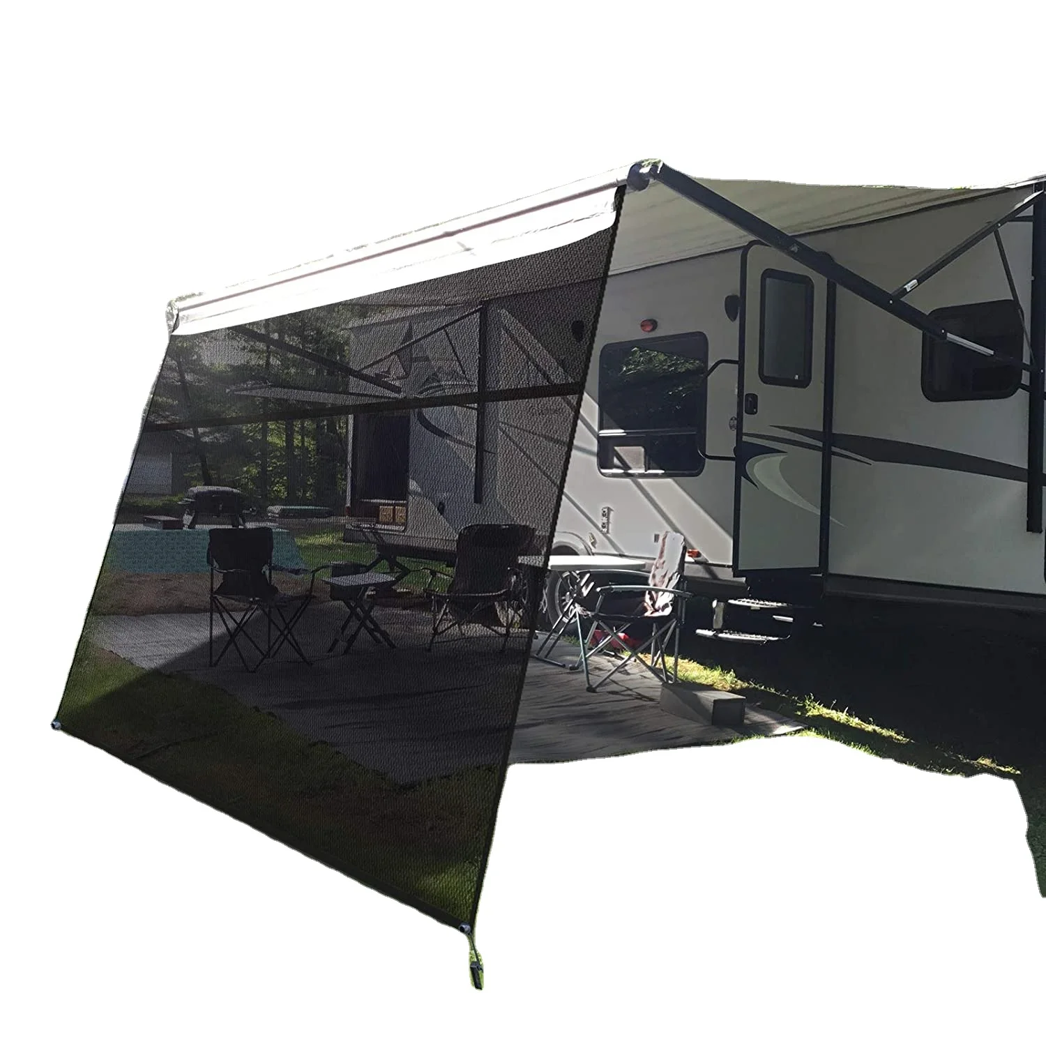 

RV Awning Sunshade Screen 9'X15'3'' Black Mesh Caravan RV Privacy Screen Wall Side Sun Shade Roll Out Awning