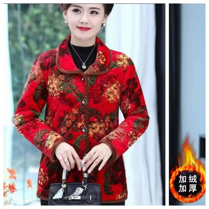 Autumn Winter Female Large Size 5XL Parkas Outwear Middle Aged Women Short Printing Down Cotton Coat Mom's Cotton Padded Jacket