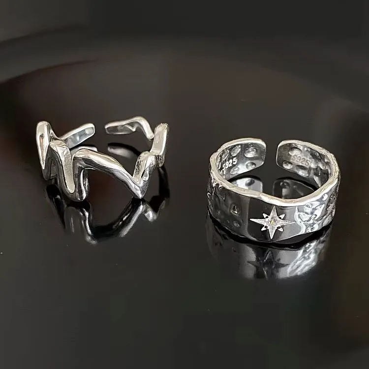 925 Sterling Silver Simple Ring For Women Fine Jewelry Finger Adjustable Open Vintage Wave Line Ring For Party Birthday Gift