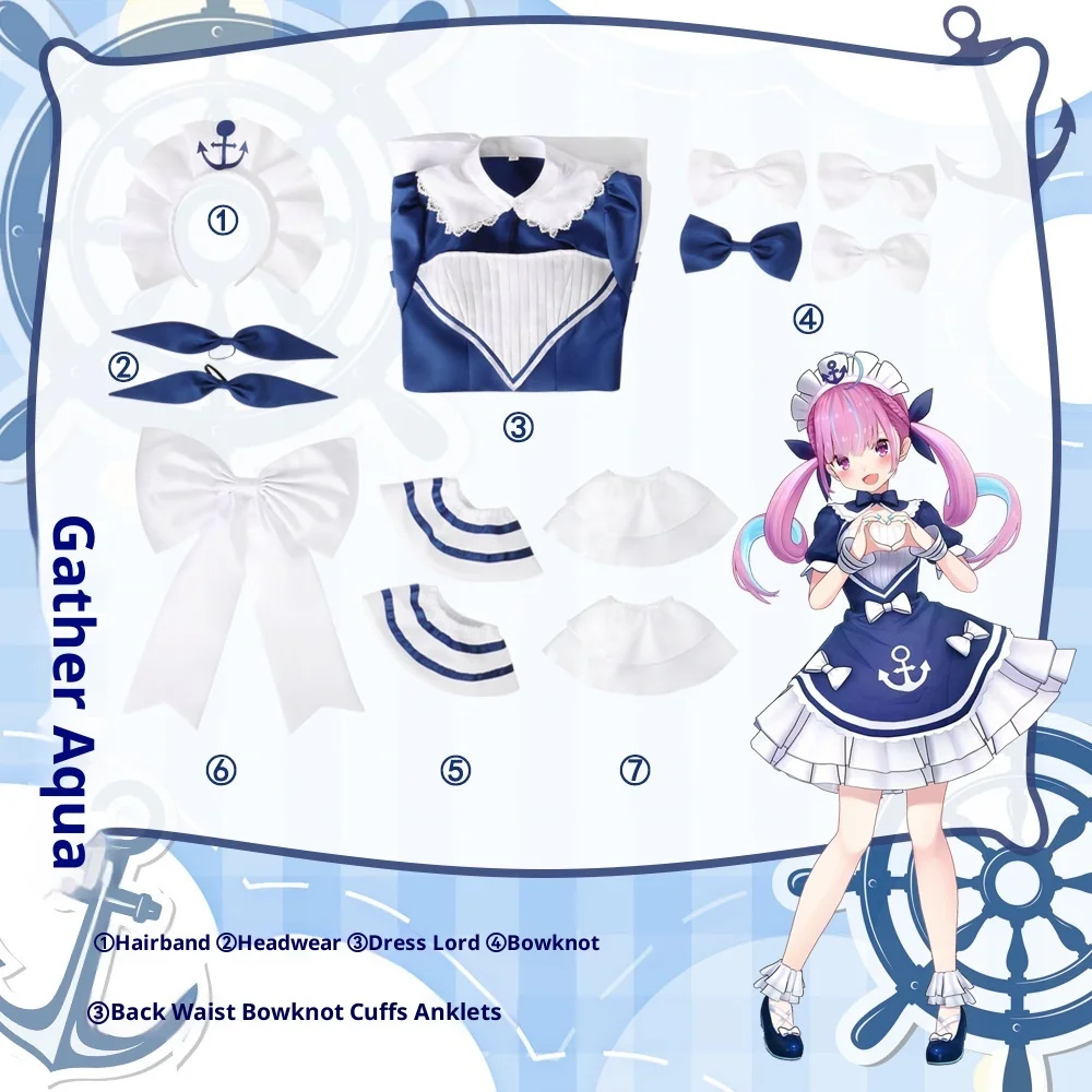 أزياء Hololive Minato Aqua التأثيرية للنساء فستان البحارة مجموعة كاملة من شخصيات الرسوم المتحركة الافتراضية لحفلات الهالوين