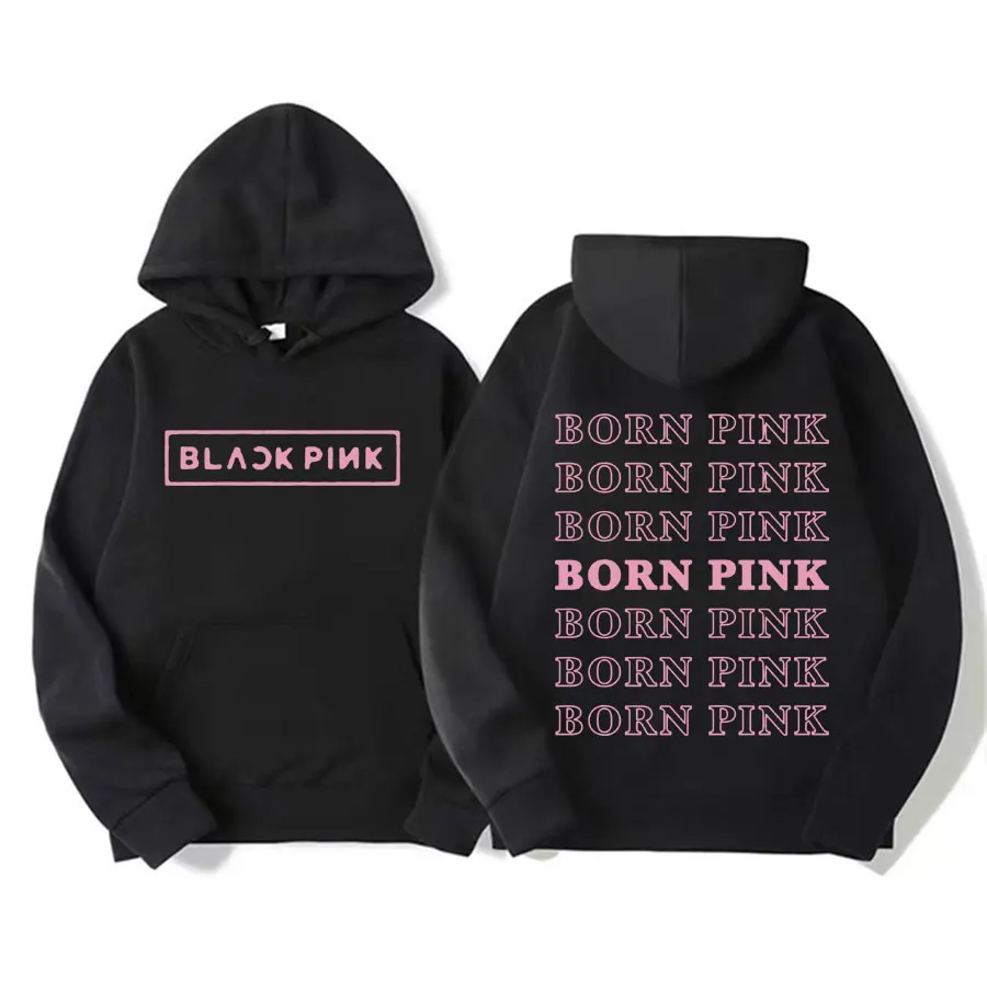 Black Pink Letters Print Hoodies Men's Women's Fashion Aesthetic Kpop Streetwear Sweatshirts Unisex Vintage Casual Fleece Hoodie