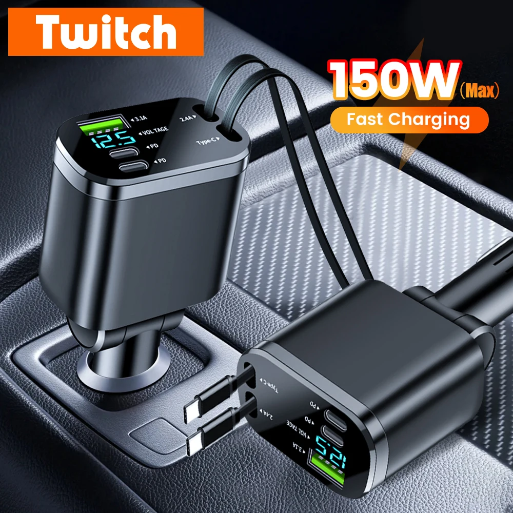 

Автомобильное зарядное устройство USB Type C, 150 Вт, быстрая зарядка, с выдвижным двойным кабелем типа C, адаптер для зарядки телефона в автомобиле для iphone, Xiaomi, Samsung