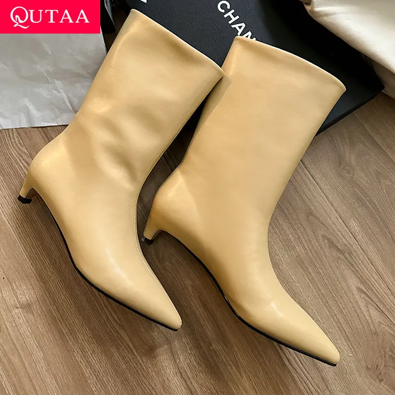 

QUTAA 2026 Winter Fashion Women Mid Calf Boots Real Leather Autumn Shoes Mid Heels Pointed Toe Dress Lady Ankle Boots 34-43
