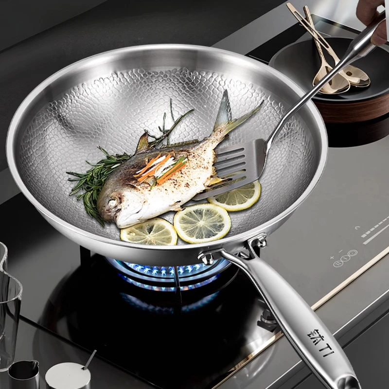 Pure titanium wok Uncoated cooking pot non stick fish scale hammer titanium frying pan Universal home induction cooker cookware