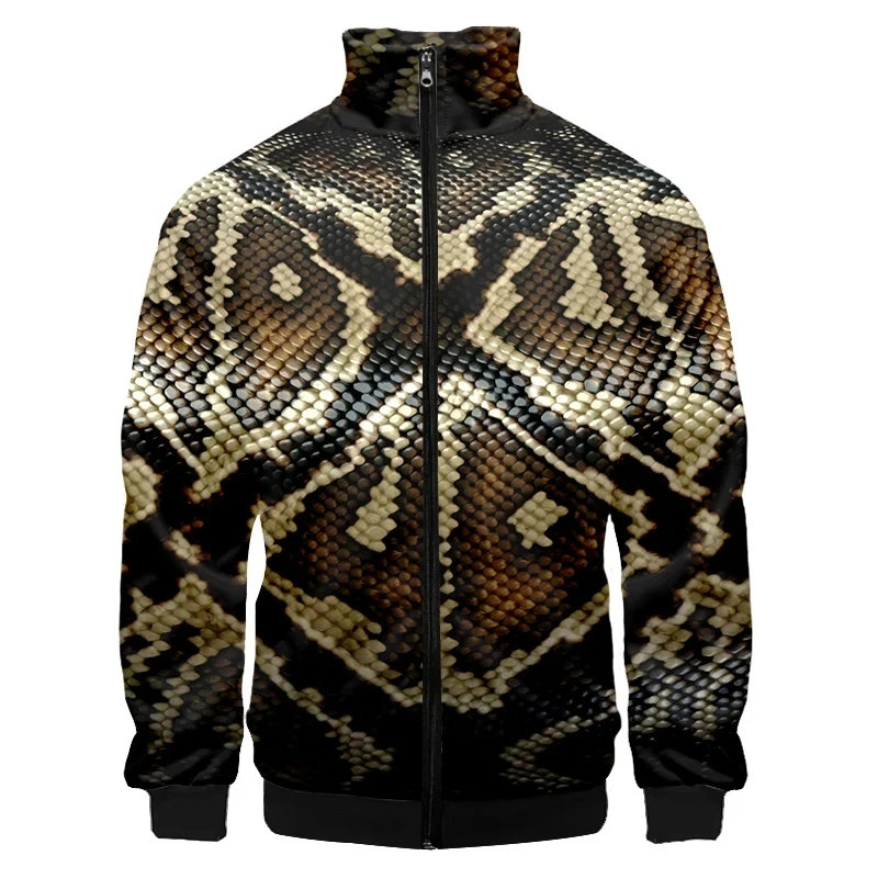 3D Print Snake Skin Pattern Jacket Coat Long Sleeve Stand Collar Zipper Jacket Clothes For Men Large Size Casual Coats