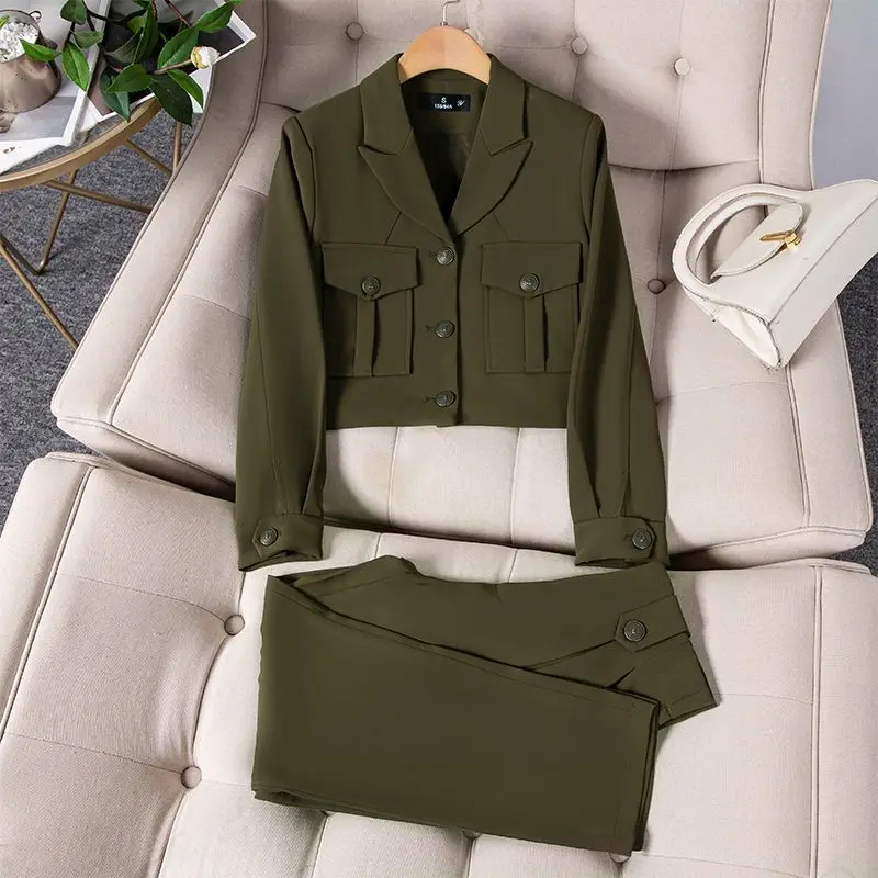 Spring Autumn Black Blazer + Wide Leg Pants Suit Women Fashion Long Sleeve Jackets Korean Straight Pants Two Piece Set Women