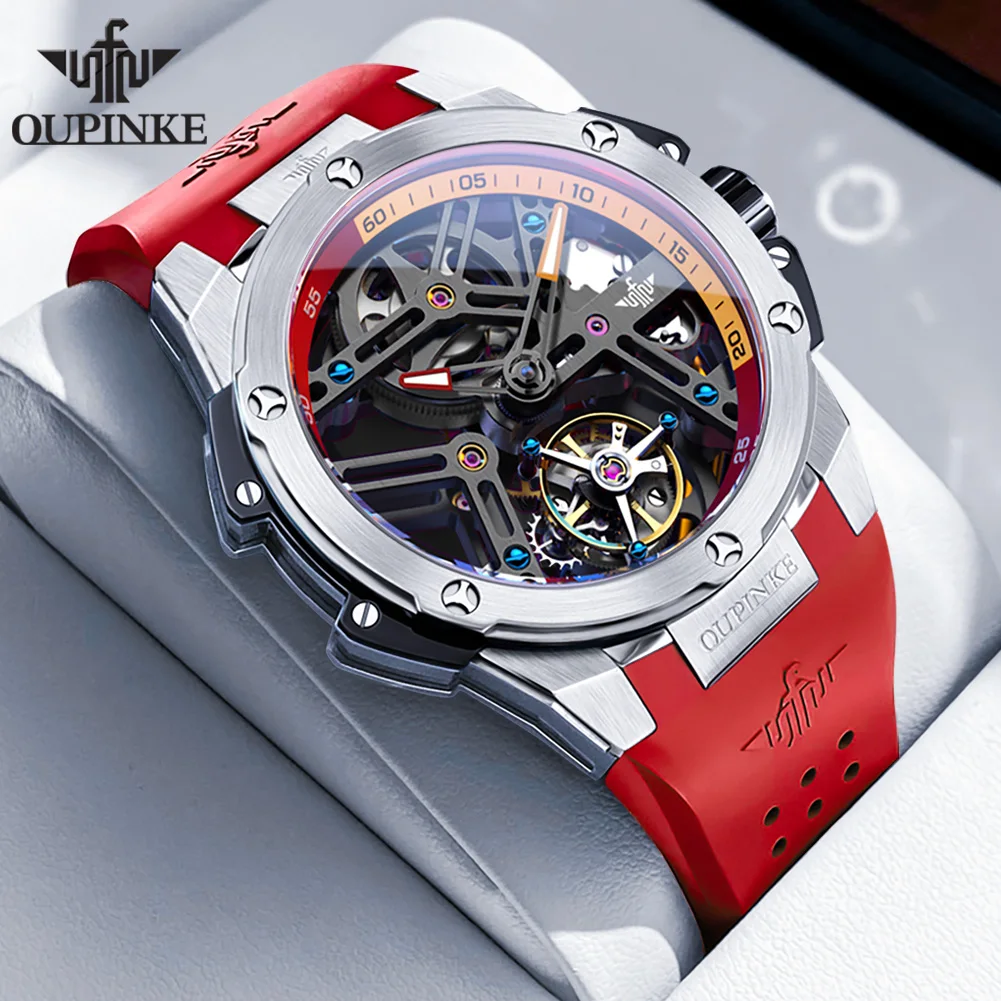 OUPINKE Silicone Strap Tourbillon Automatic Mechanical Watches for Men 5Bar Waterproof Sapphire Mirror Luxury Original Man Watch