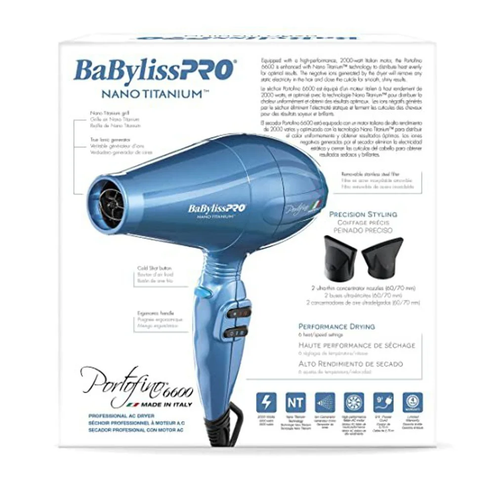Nano Titanium Ionic Hair Dryer 2000W Full-Size with 6 Heat Speed Settings Concentrator Nozzles Cool Shot Button Removable Filter