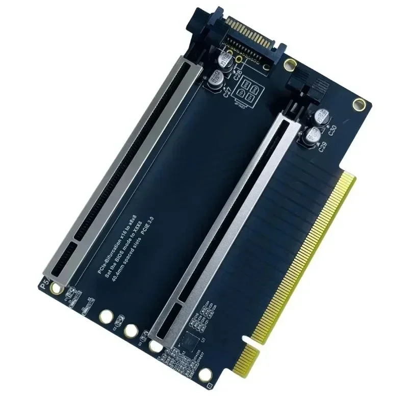 JHH-Link PCIe 3.0 x16 1 to 2 Expansion Card Split Card PCIe-Bifurcation x16 to x8x8 40.4mm Spaced Slots SATA Powered PCI-E Gen3