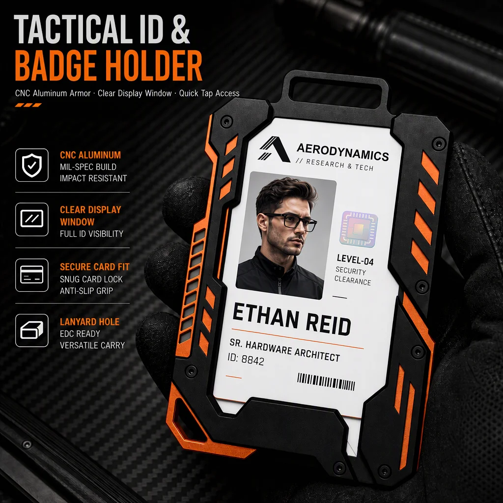Tactical CNC Aluminum ID Card Badge Holder, Heavy Duty EDC Badge Case for Men, Protective Access Card Cover with Push Slot