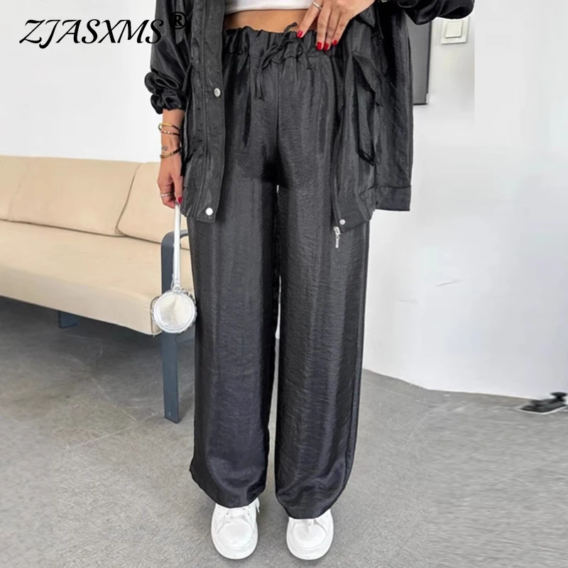 Spring Vintage Metallic Color Casual Pants Women Fashion Lace-up Elastic Waist Straight Trousers New Summer Loose Harajuku Pants