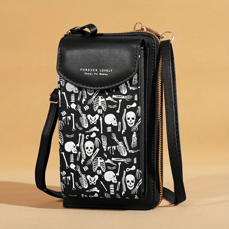 Spooky Ghost Skull Crossbody Bag - Halloween Zippered Style - Gothic Phone Purse with Secure compartments for Fashion Witches