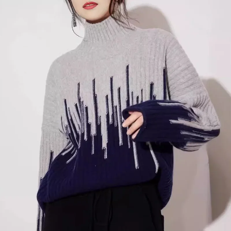 เสื้อสเวตเตอร์คอเต่าครึ่งแขนยาวเสื้อถักคอกลมเสื้อถักกันหนาวสำหรับผู้หญิงเสื้อสวมหัวทรงหลวมลำลองฤดูหนาวฤดูใบไม้ร่วง