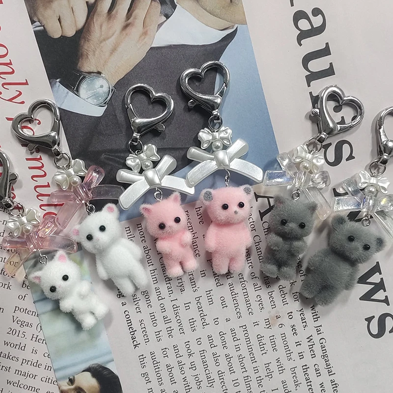 Kawaii 3D Flocking Cat Keychain Cute Cartoon Bowknot Bear Keyring Backpack Pendant Bag Hanging Decoration For Girls Gift