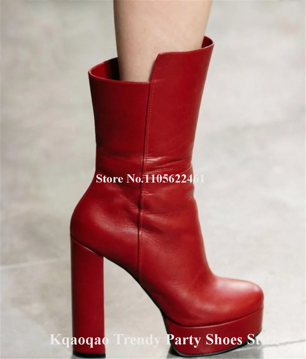 Kqaoqao Fashion Red Green Black Matte Leather Chunky Heel Short Boots Round Toe High Platform Thick Heel Ankle Booties Big Size