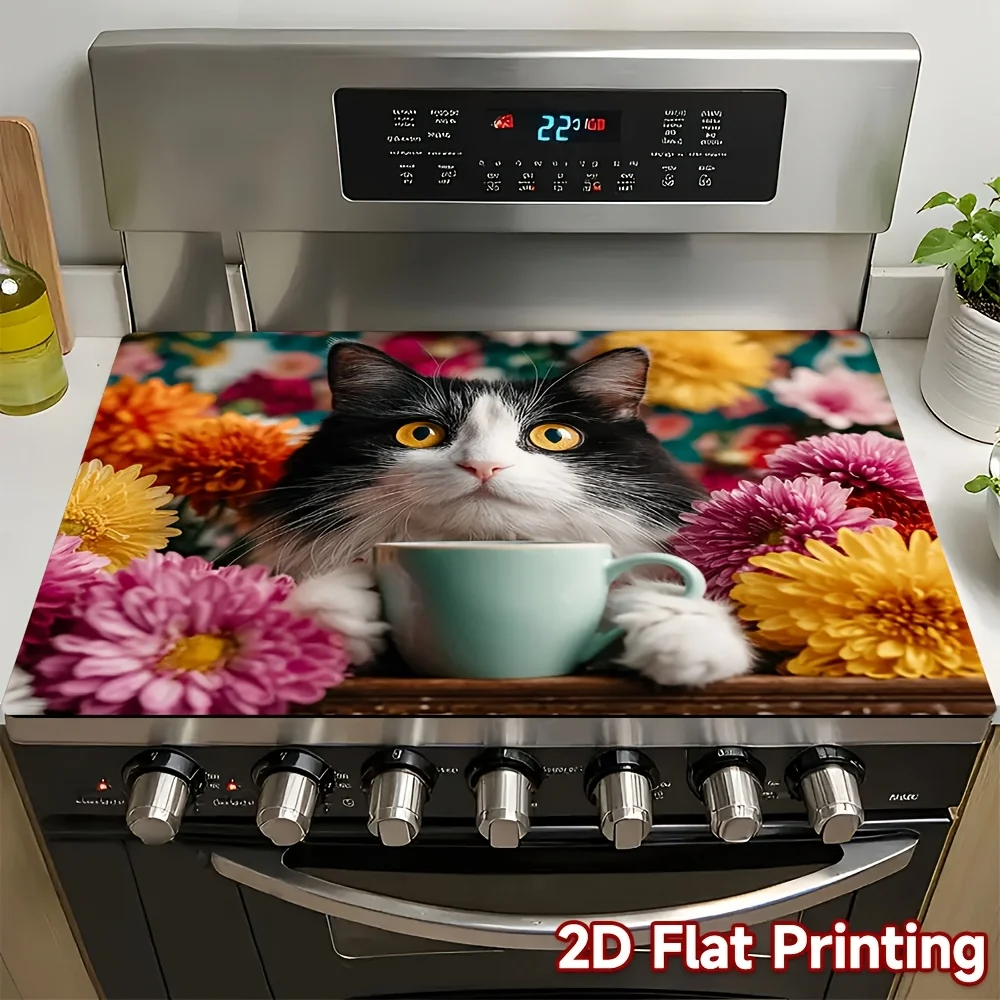 Vibrant Flower Coffee Cat Stovetop Protector Mat, Non‑Slip Washable Pad,Decor Cover for Household Kitchen Electric Stove Surface