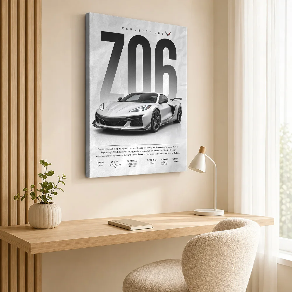 Sleek Silver American Corvette Z06 Car Canvas Painting Poster Personalized Photo Gallery Style Garage Wall Paintings Decoration