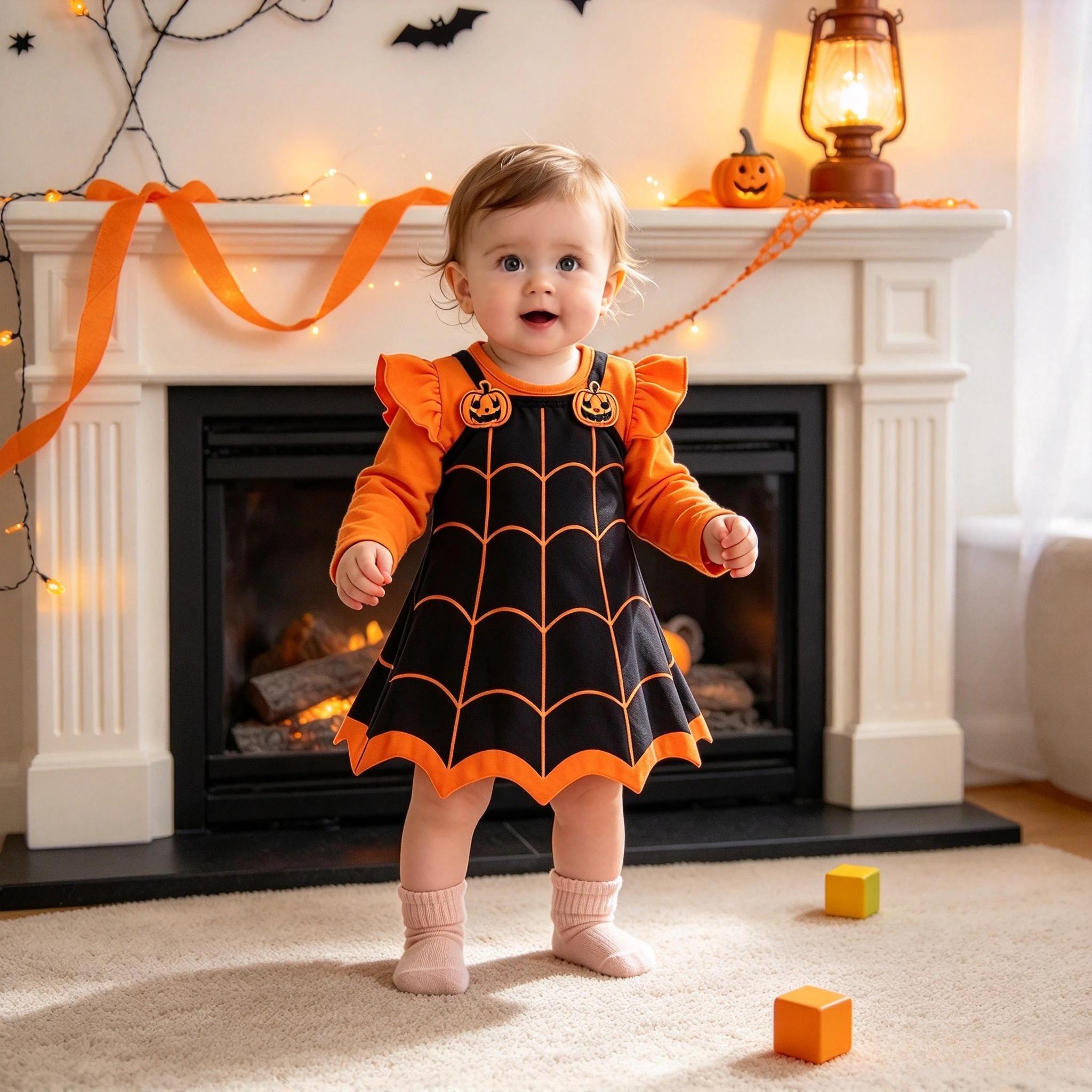 Baby Orange Black Halloween Spider Web Print Bat Wing Sleeveless Strap Top 2Pcs Set Carnival Masquerade Party Role Play Clothes