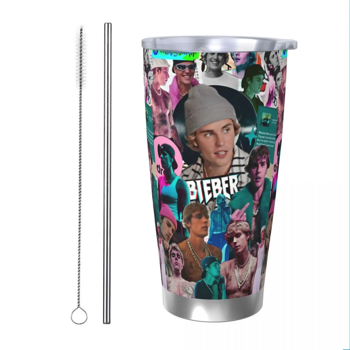 Justin Bieber Insulated Tumbler with Straws Stainless Steel Thermal Mug Outdoor Travel Hot Cold Drinks Cup, 20oz