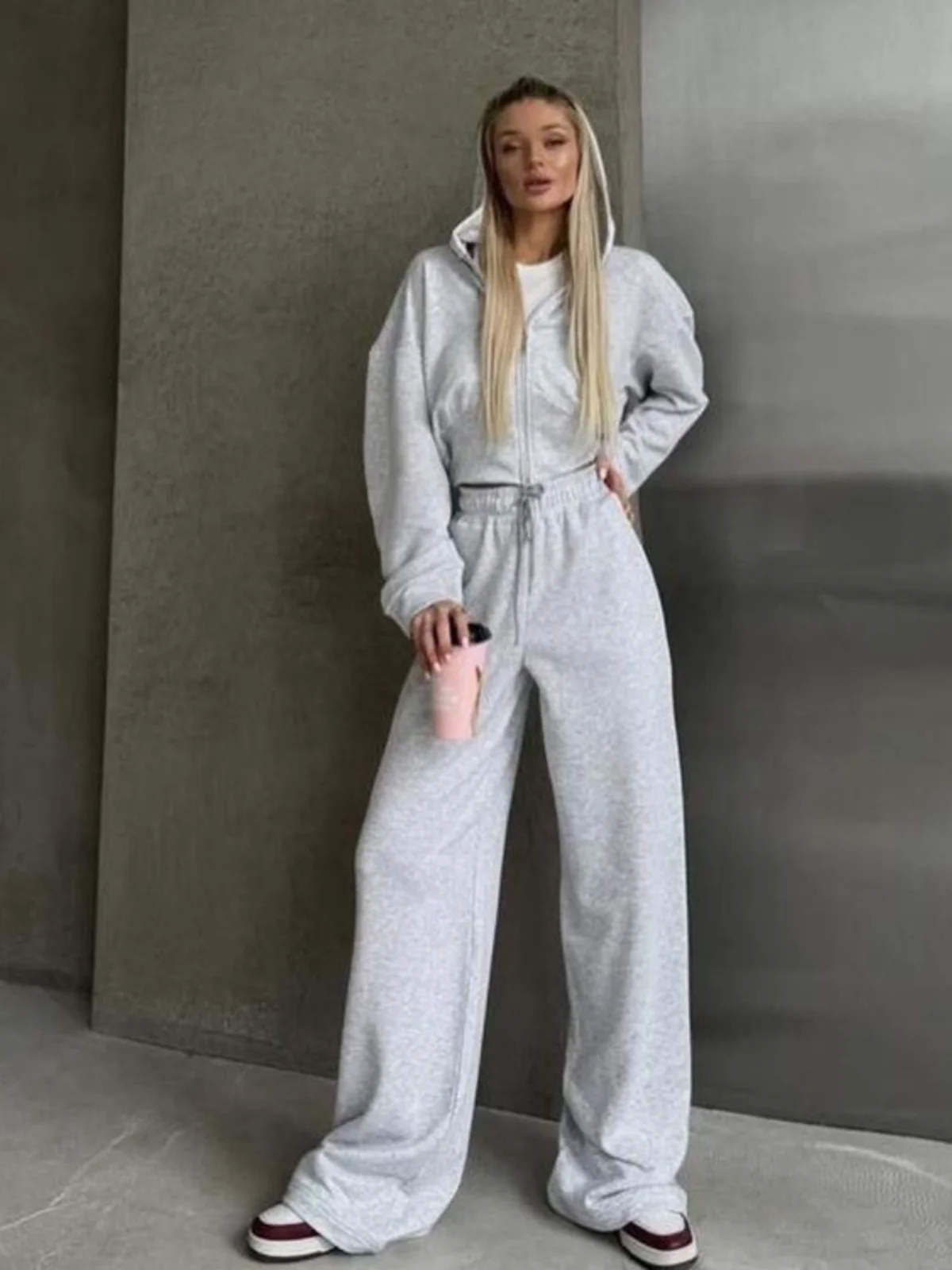 

Casual Long Sve Hooded Jaet with Belt Zipper Women 2piece Set Long Pants Autumn Faion for Young Women 8-25 Years Old