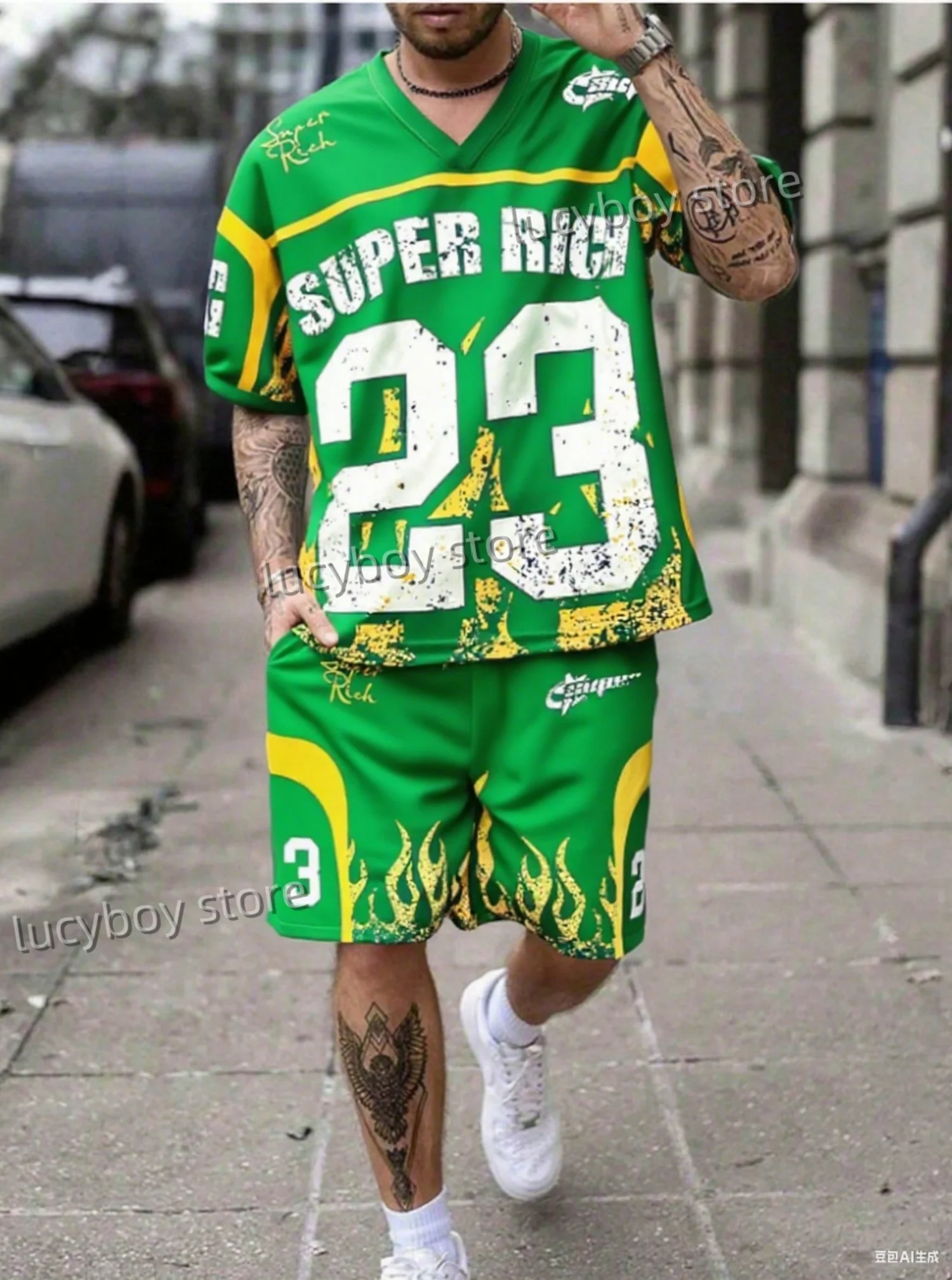 Summer Super Rich No.23 Print Men's Short Sleeve V-Neck T-Shirt Shorts Set Adult Basketball Jogging 2 Piece Set Men Clothing