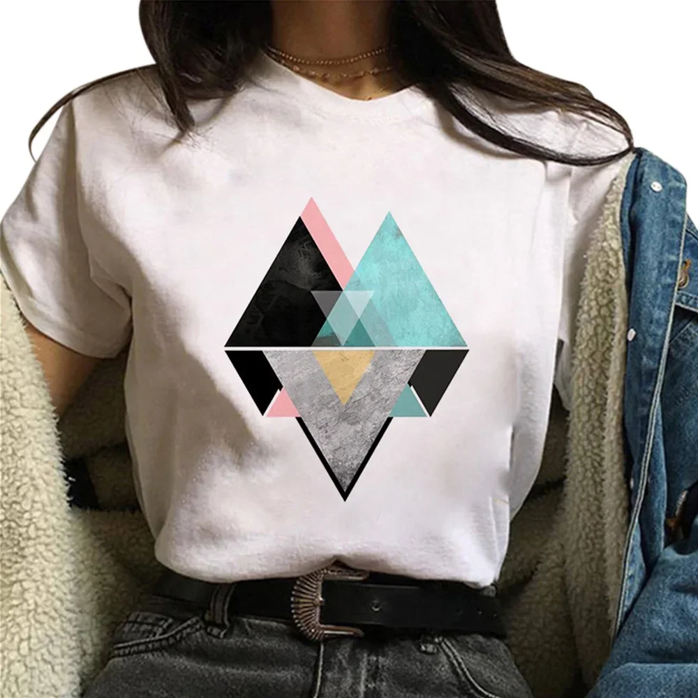 E25 bella geometria stampata T-shirt grafica top Tee carino manica corta magliette femminili