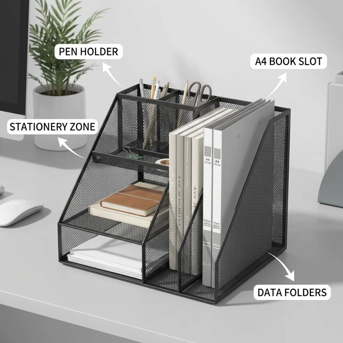 Organizzatore per Documenti da Scrivania, Porta Libri A4, Scaffale per Cancelleria, Vassoio Portadocumenti Antiscivolo Salvaspazio per Ufficio e Casa