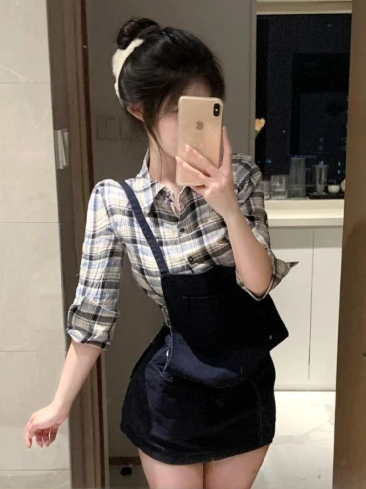 Elegant Lolita Women's 2 Piece Set Plaid Long Sleeve Shirt + Black Suspender Mini Skirt Y2k Summer Outfits Korean Fashion Female view 2