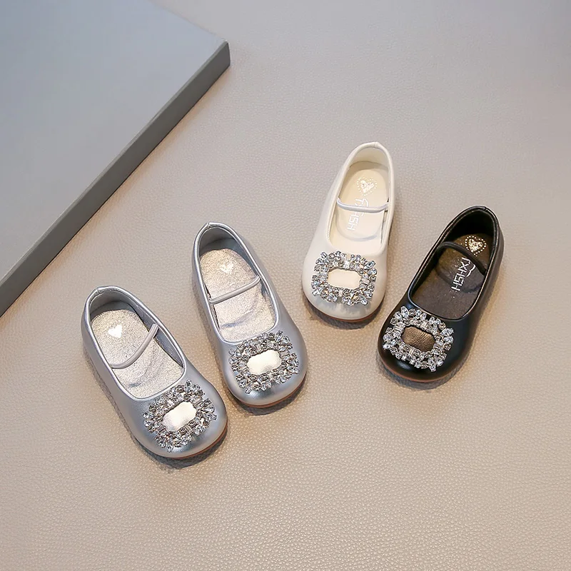 Spring Girl's Leather Shoes Diamond Elastic Band Kids Ballet Flats Round Toe Stylish Shallow Toddler Children Leather Shoe 22-31
