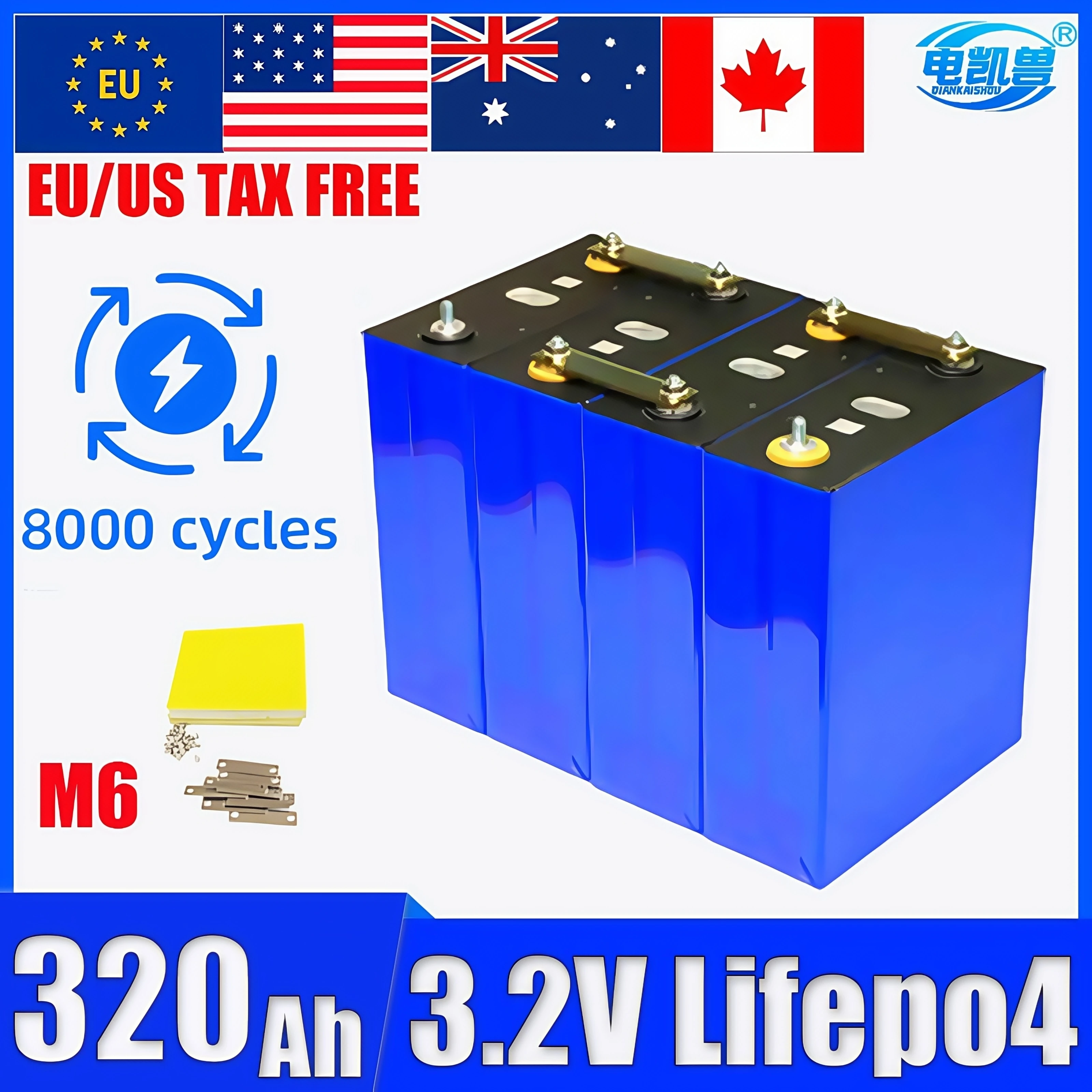 320Ah 3.2V  LiFePO4 Battery 8000 Cycles Rechargeable Lithium Iron Phosphate Cell for DIY 12V 24V 48V RV EV Golf Cart Solar
